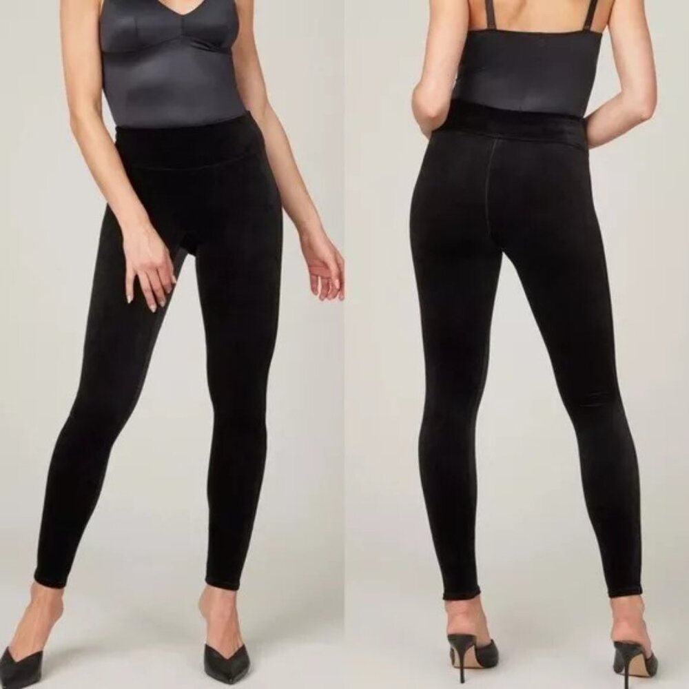 Spanx Black Velvet Velour Pull On Full Length Leggings Womens Size XL EUC